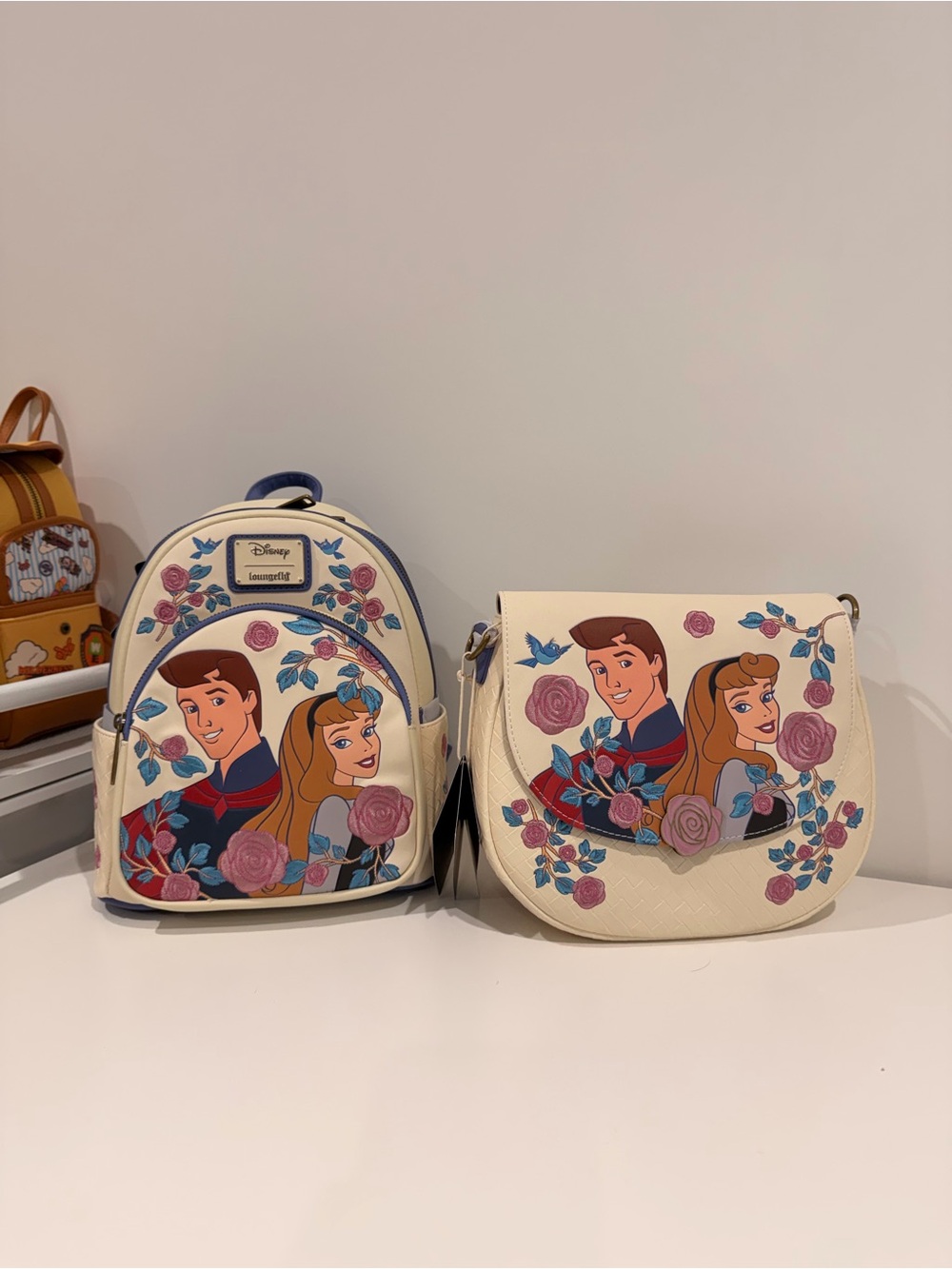 Loungefly Cream Aurora & Phillip Floral Backpack and Crossbody Set